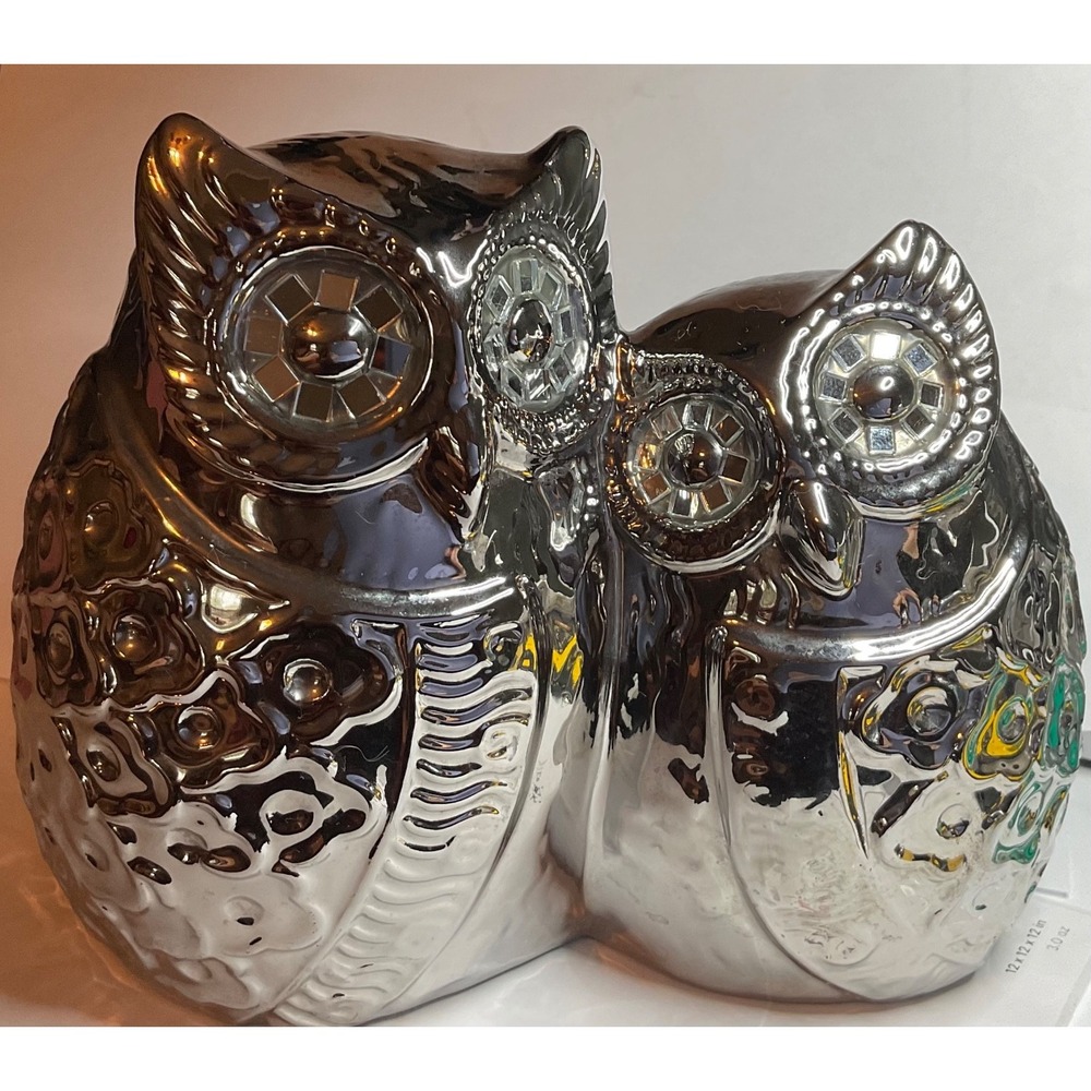 Chrome-Silver Double Owl Couple Figurine Mirrored,High-Shine Glazed Mosaic Eyes - Picture 8 of 8